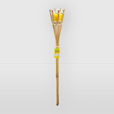 Antorcha de fibra de bambú con jarrón de vidrio con vela de citronela roja. 9cm - Altura. 76cm