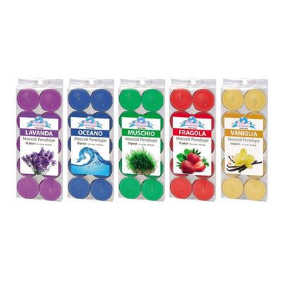 10 Velas de té perfumadas 5 fragancias redondas 3,6cm x altura 1,7 cm