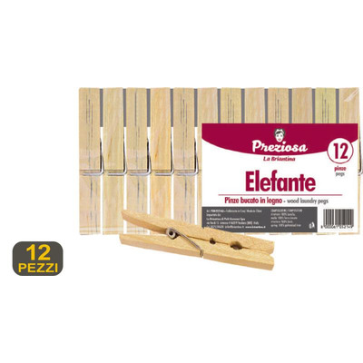 Elephant Pine Wood Clothes Pegs - 12 Units 10x1,4x1,6cm