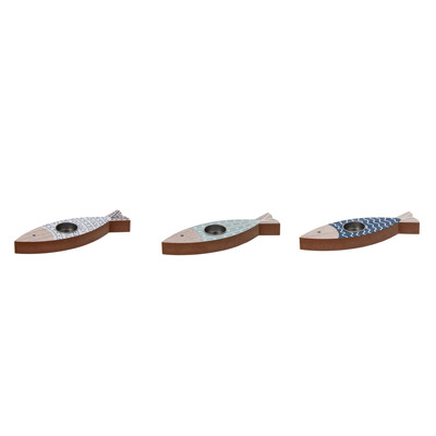Porta Velas de Chá Mdf C/ copo Metálico Peixe 3 Modelos 23x7x5 Cm