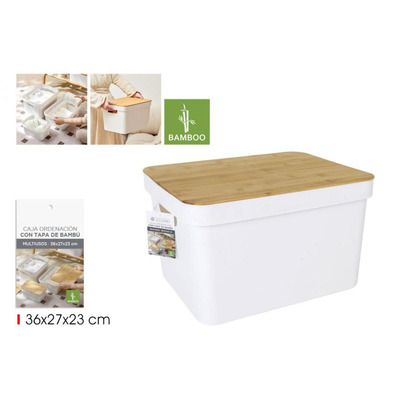 Caixa Plástico Pp Multiusos Com Tampa de Bambu 36x27x23 Cm